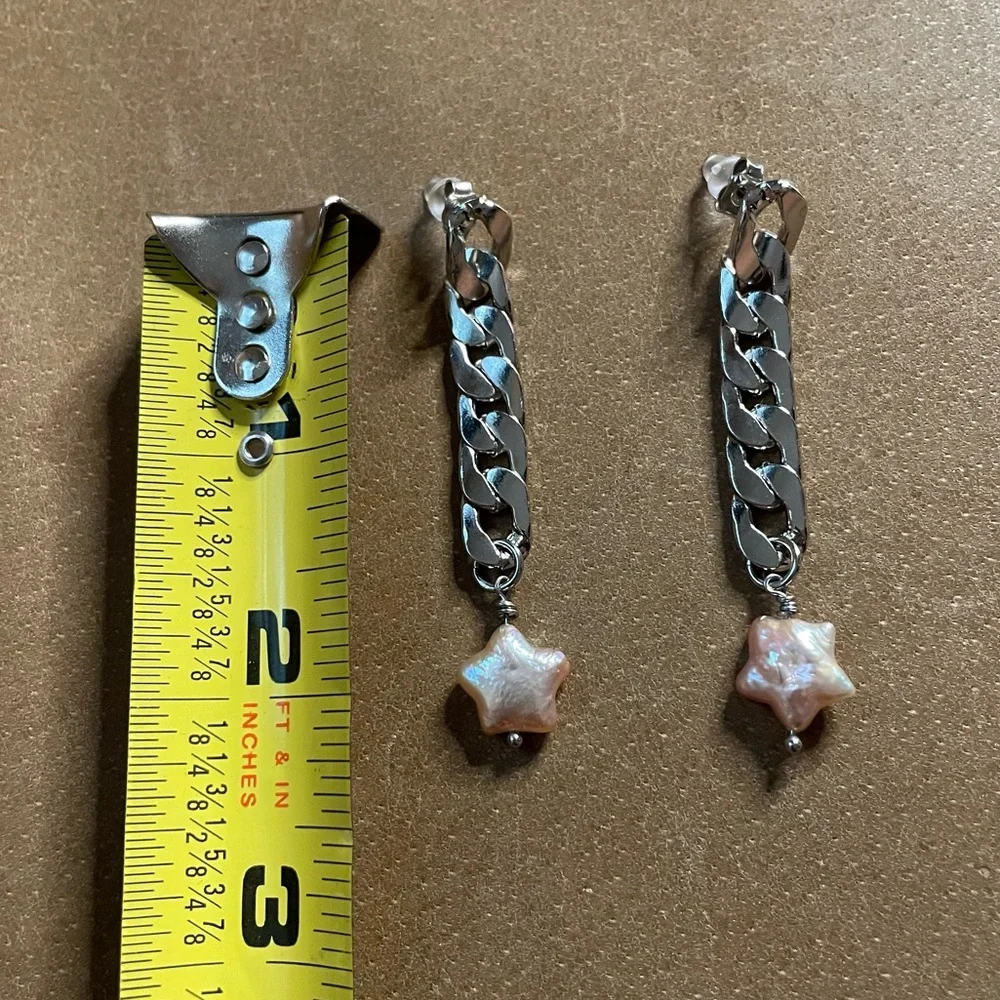 ⭐️ Star freshwater pearls curb chain post earrings silver pink Y2K boho festival - Picture 5 of 5